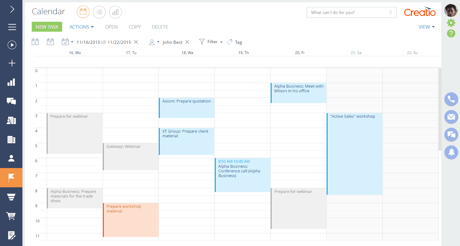 tasks calendar marketing creatio